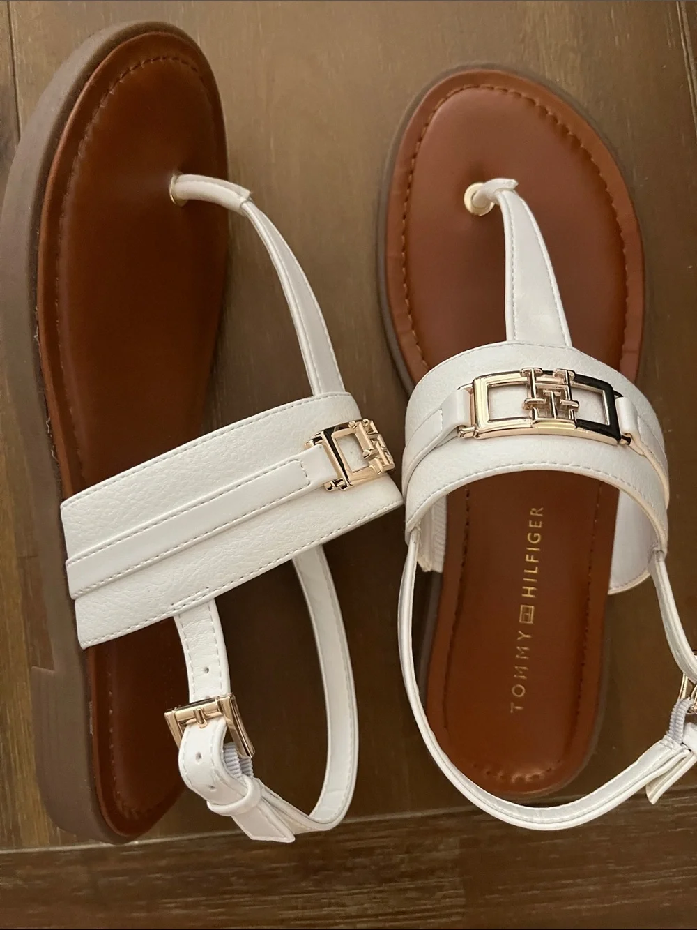 Tommy Hilfiger White Leather T-Strap Sandals with Gold Hardware